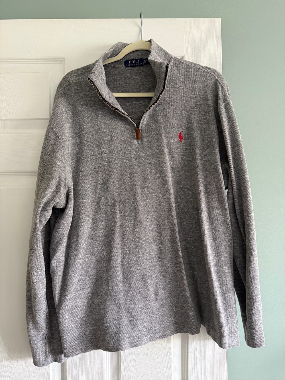 Ralph Lauren Grey Pullover with Navy Label and Yellow Text